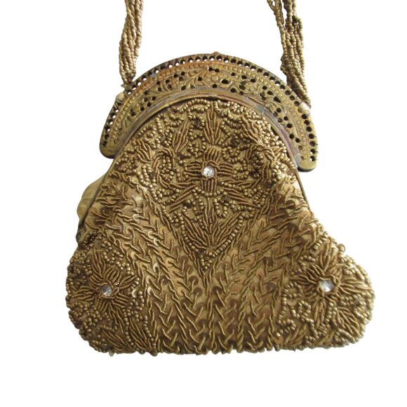 Antique Gold Beaded Purse Bag Brass Frame Silk Lining - Picture 3 of 10